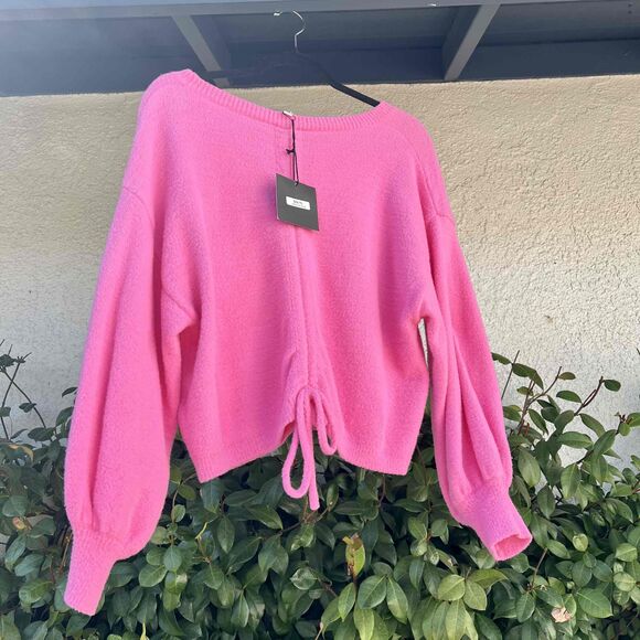Le Lis Sweater NWT Pink Fuzzy Puff Sleeve Cinched Back Size Small - Picture 2 of 9